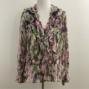 NEW YORK & COMPANY LAVENDER, PINK, & GREEN LONG SLEEVE RUFFLE LIGHTWEIGHT TOP